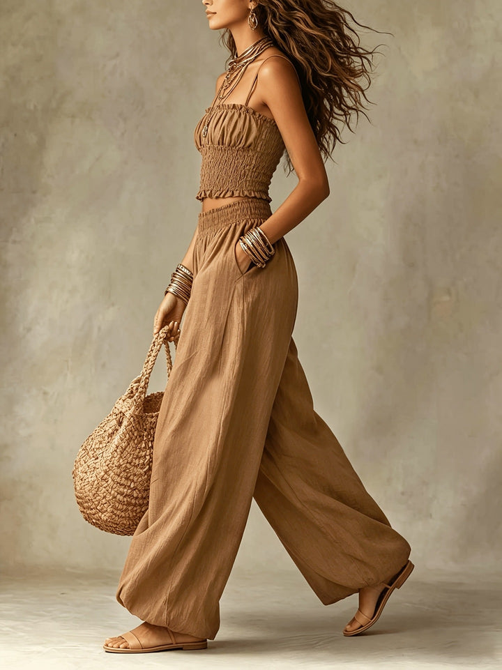 Smocked Crop Top Wide Leg Two-Piece Pants Set